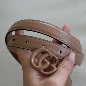 NWT Gucci Women's Patent Double-G Buckle Belt in Nude Brown